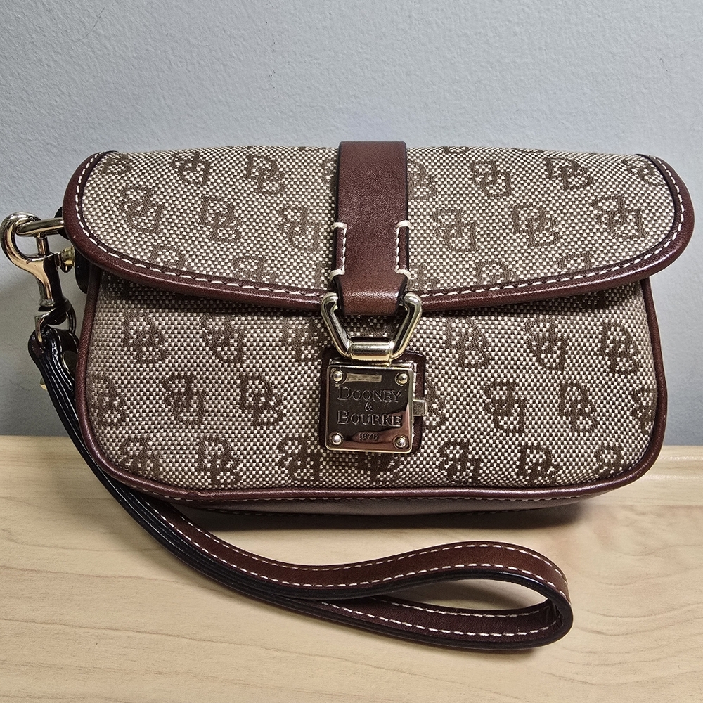 DOONEY & BOURKE Brown on Tan Small Wristlet Wallet Clutch DB Monogram